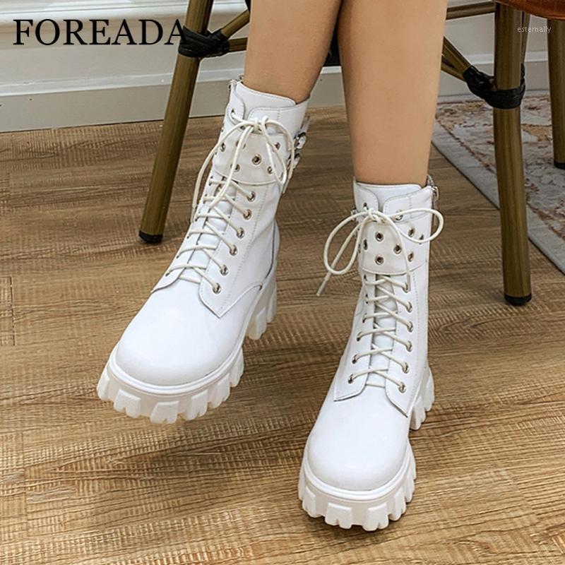 

FOREADA Flat Platform Motorcycle Boots Woman Real Leather Ankle Boots Lace Up Shoes Zipper Buckle Female Short White Black1, Black velvet lining
