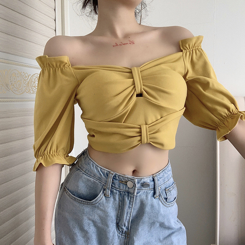 

2021 New Sexy solid trim crop tops of women shirts summer butterfly breast a shoulder t-shirt base casual puff top K15B, Yellow.