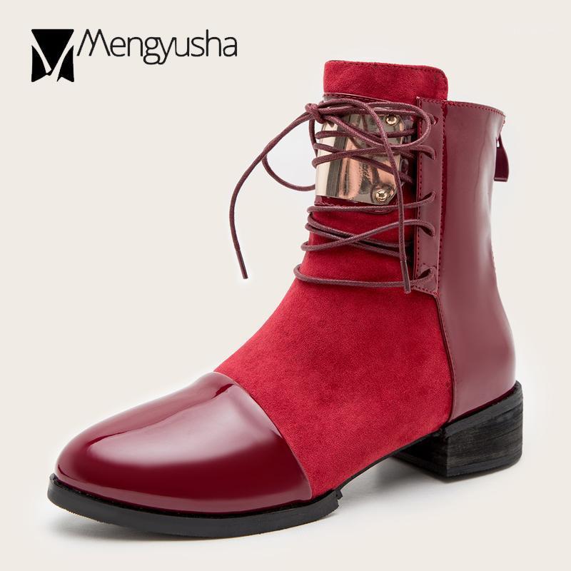 

Brand Metalic Patchwork Boots Women Nubuck Leather Shoes Winter Snow Botas Chunky Square Heels Lace-Up Motorcycle Booties Femme1, Black