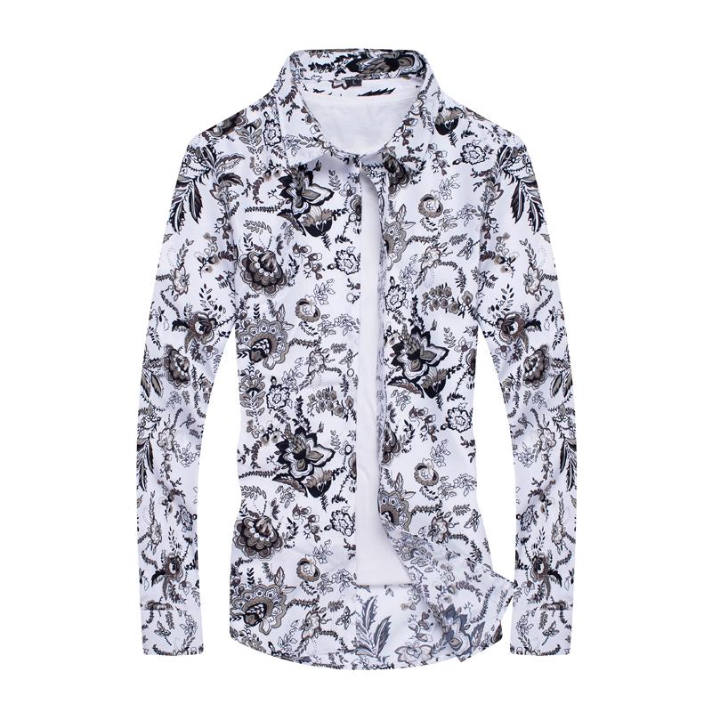 

2020 Autumn Clothing New Men Shirt Fashion Casual Flower Shirt Print Slim camisa social masculina Long Sleeves Men, C64