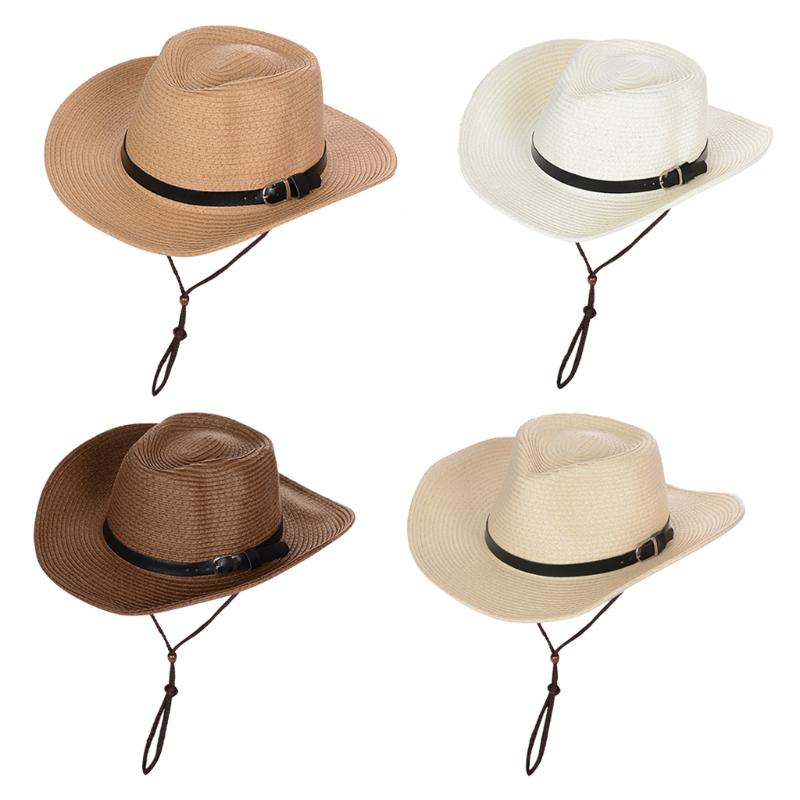 

Western Style Cowboy/ Cowgirl Straw Hat Beach Panama Sun Hats Women & Men Braid Straw Hat with Adjustable Chin Strap, White