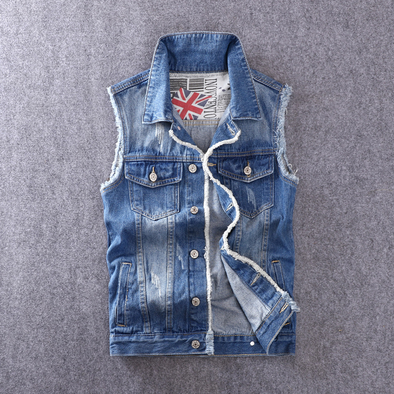

2021 New Style Fashion Vest Blue Slim Fit Ripped Denim Vests Men Patches Designer Sleeveless Hip Hop Chaqueta Homme Veste 3df1