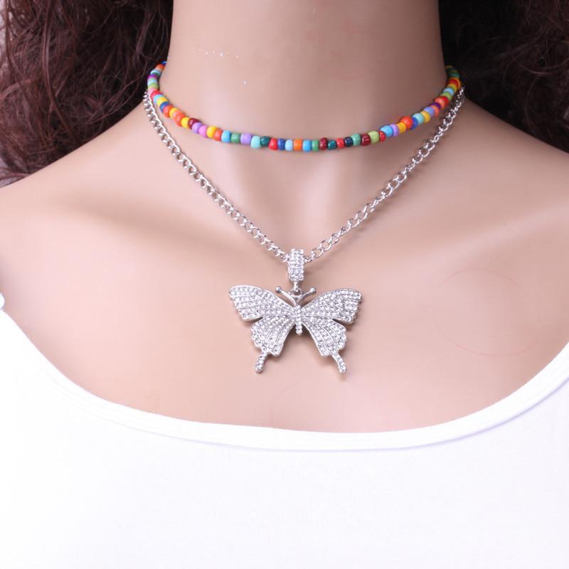 

Two Layer Necklace Fashion Gold Silver Color Rhinestone Butterfly Chain Necklace Bead Female New Design Jewelry Gift