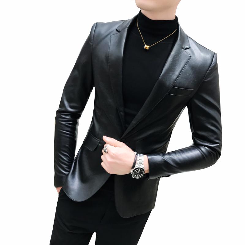 

New Mens Leather Single button Formal Dress Suits Fashion Man Blazers Black Solid Motorcycle Coat Suede Jacket Male A236130, 159