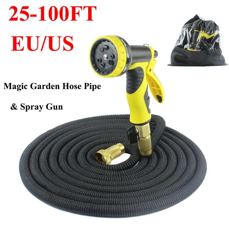 

25-100 FT Black Extra Long Retractable Expandable Magic Garden Hose Pipe & Spray Gun Natural Rubber Irrigation EU/US, 25 ft-eu