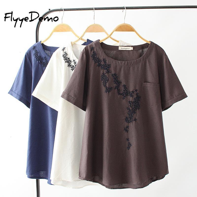 

Harajuku Summer Women Tops Cotton T-shirt Embroidered Flowers Short Sleeve White T-shirt Plus Size T Shirts Female Casual Tops1