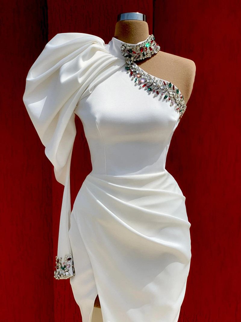 One Shoulder White Satin Prom Dresses With Crystals Side High Split Long Mermaid High Neck Evening Dress Women Pageant Gowns