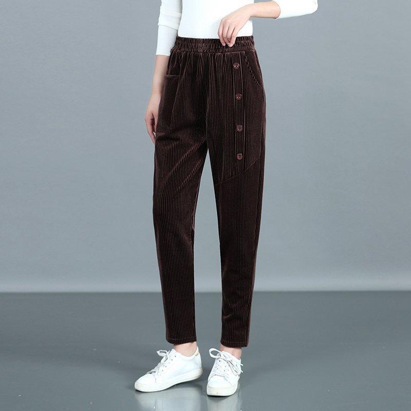 

Large size casual pants ladies corduroy pants 2021 autumn and winter new high waist harem women trousers, Brown