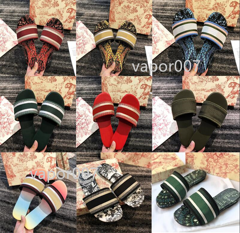 

2021 Fashion Dway Slides Women Slipper Amaranth Embroidered Cotton Beach Sandals Summer womens Outdoor Shoes Luxurys Slides Sandals 35-41, Black
