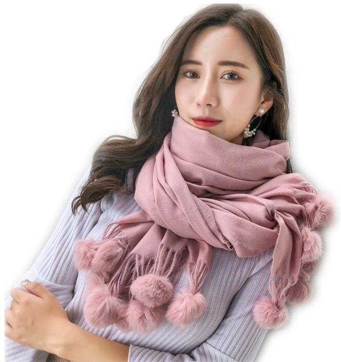

YIMEI001 200*70cm New Winter Lady Thick Cashmere Scarf Scarves Fur Pom Pom Shawl Wrap Women Wool Tassel Hijab