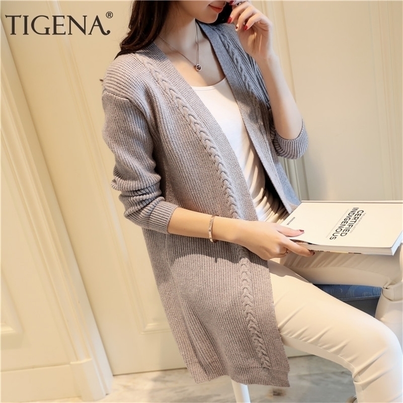 

TIGENA Autumn Winter Midi Long Cardigan Women Casual Korean Long Sleeve Sweater Cardigan Female Knitted Jacket Pink Ladies 201130