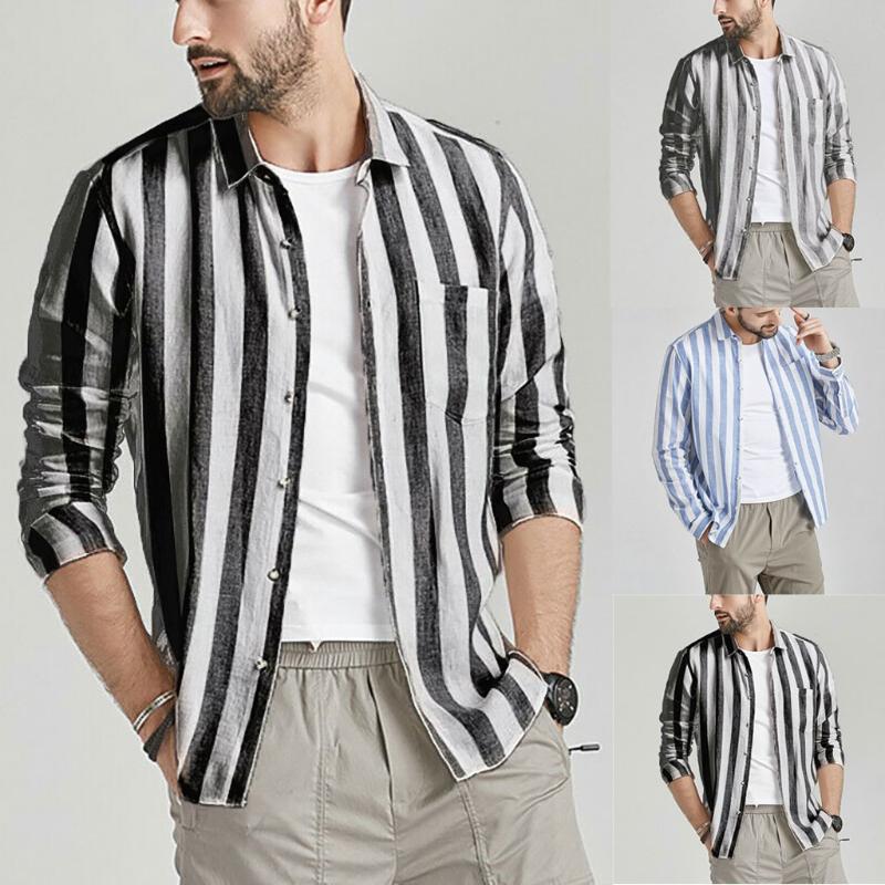 

JAYCOSIN Men Vintage Striped Shirt Button Linen Solid Long Sleeve Retro Fashion New Casual Tops Blouse High Quality Shirt #45, Blue