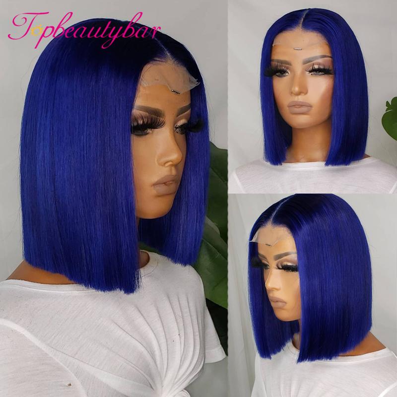 

Blue Short Lace Front Human Hair Wigs 180% Brazilian Straight Bob Remy Ombre Bob Wig Blue Lace Front Wigs For Women, As pic