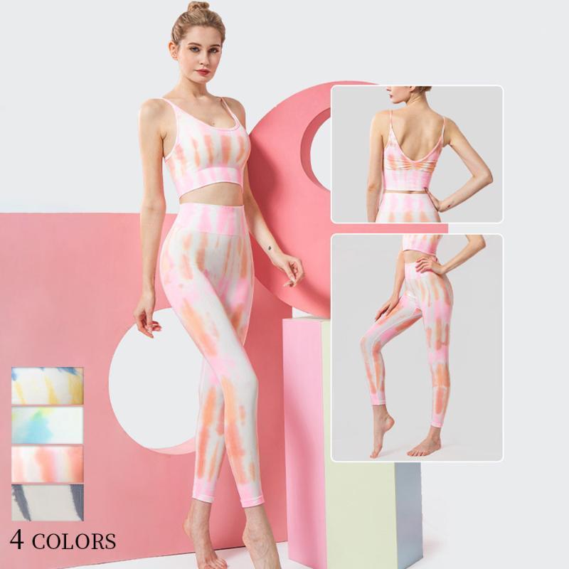 

4 Color Tie Dye Yoga Set For Women New Tie-dye Underwear Print Sports Bra Seamless Yoga Pants Outdoor Fitness Suit1, Orange pink-bra