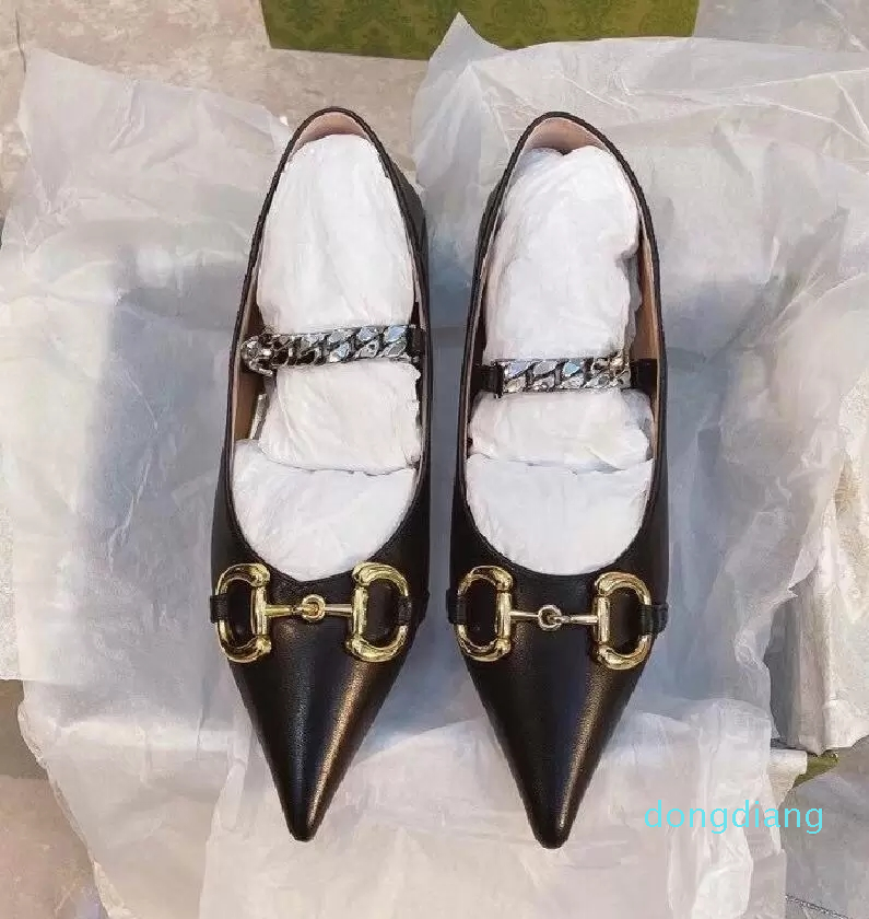 

Top Luxury Deva Women's Sandals Embellished Leather Point-toe Ballet Flats Gold Horsebit Chain Straps Across Ladies Comfort Walking Shoes8, Black