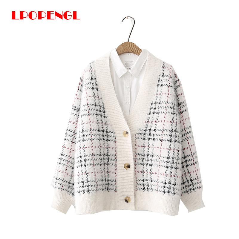 

Knit Cardigan Sweater 2020 Fall/Winter Women's Plaid Top Button Splicing Cardigan Fashion All-match Short Korean Version style, Red
