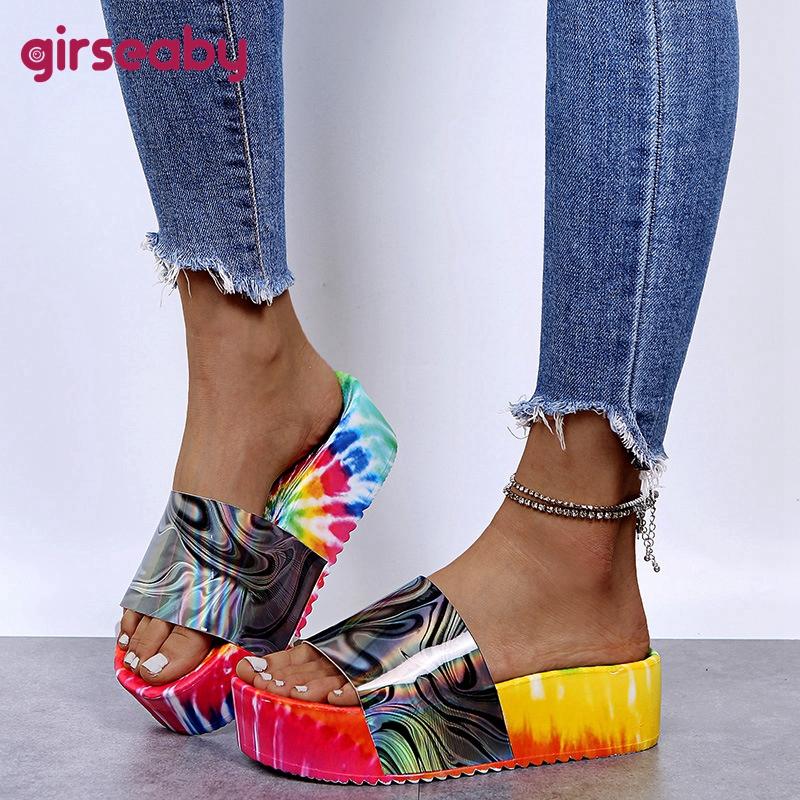

Girseaby New 2021 Ladies Slipper Open Toe Flat Platform Non-Slip Candy Colors Print Rainbow Big Size 43 Outdoor Beach A3406, Black