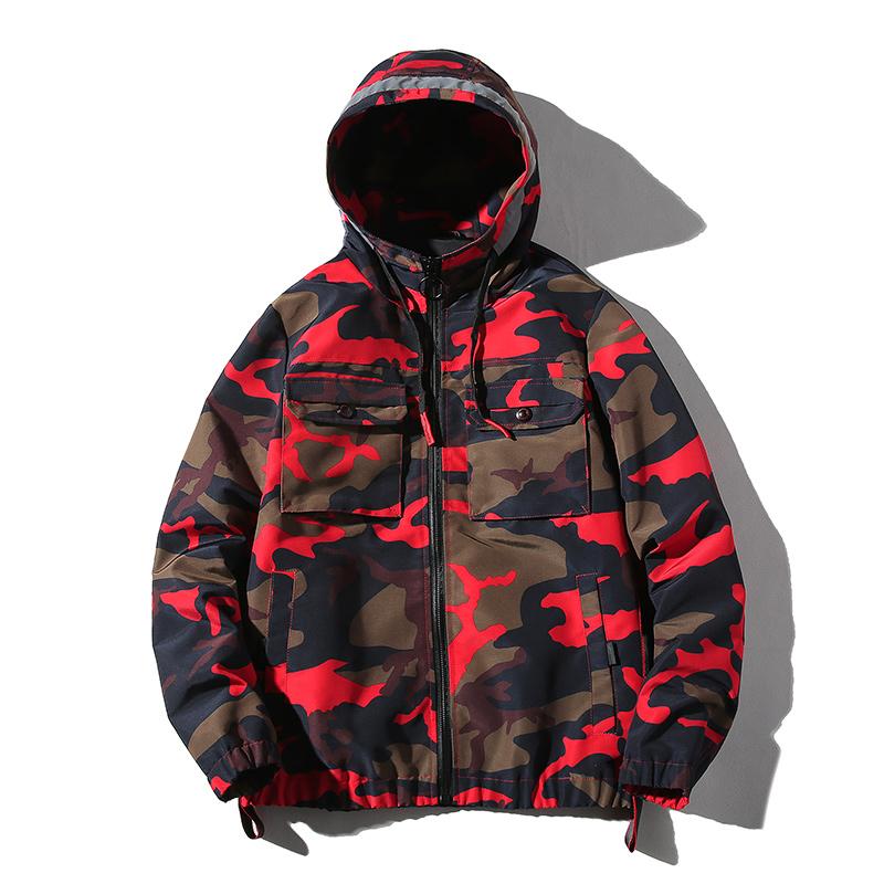 

Camouflage Baseball Jacket Men Spring Autumn Fashion Design Japanese Streetwear Hooded Windbreaker Coats Reflective, Red