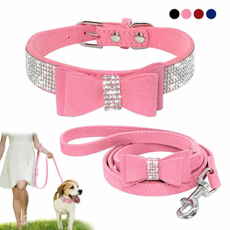 

Dog Collar Rhinestone Soft Suede Bow For Doggie Puppy Cat Small Pet