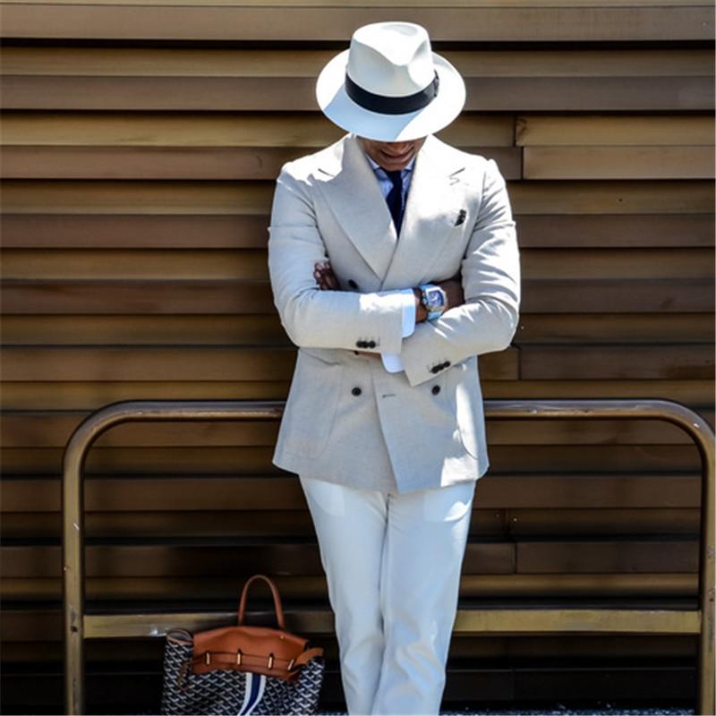 

Ivory Double Breasted Mens Suit 2 Pieces(Jacket+Pants+Tie) Formal Slim Fit Blazer Masculino Simple Tuxedo Latest Design 052, As picture