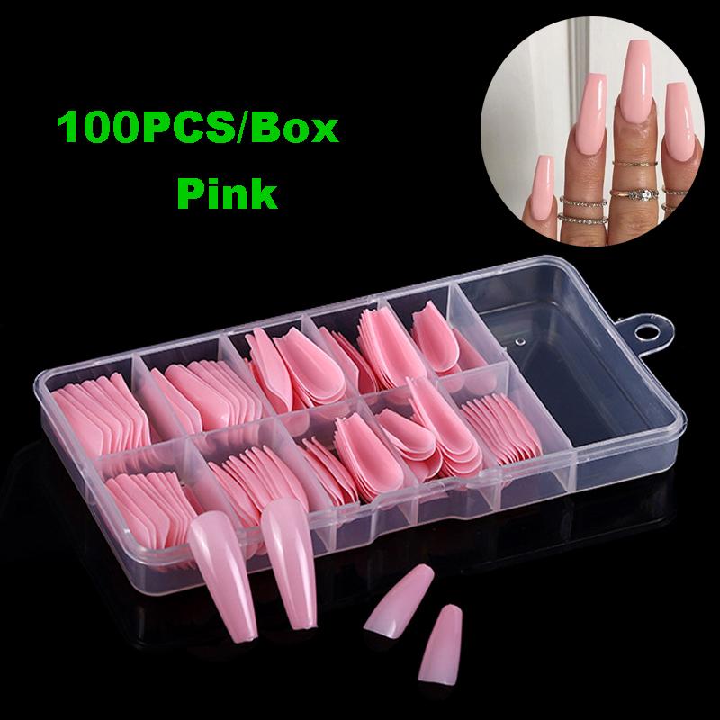 

100pcs Candy PINK Ballerina False Nail Art Tips Coffin Press on Nails Art Tips Flat Shape Full Cover Manicure Fake Nails, 3pcs