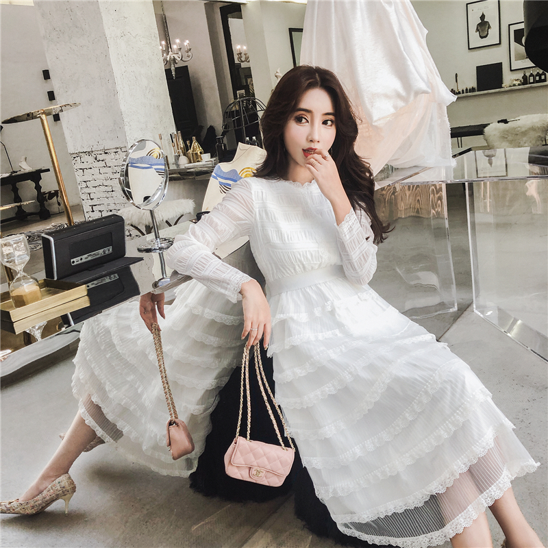 

Dressed As a Woman 2021 New Fall the Neck-neck Casual Long Sleeve White Fashion Solid Income Mid Female Party High Waist Dress Lxgi