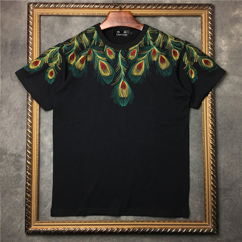 

Peacock Feather Embroidery T-shirts Fashion Summer Hip Hop Casual Streetwear Tshirts Men Harajuku Short Sleeve Tops Male Nqou, Black