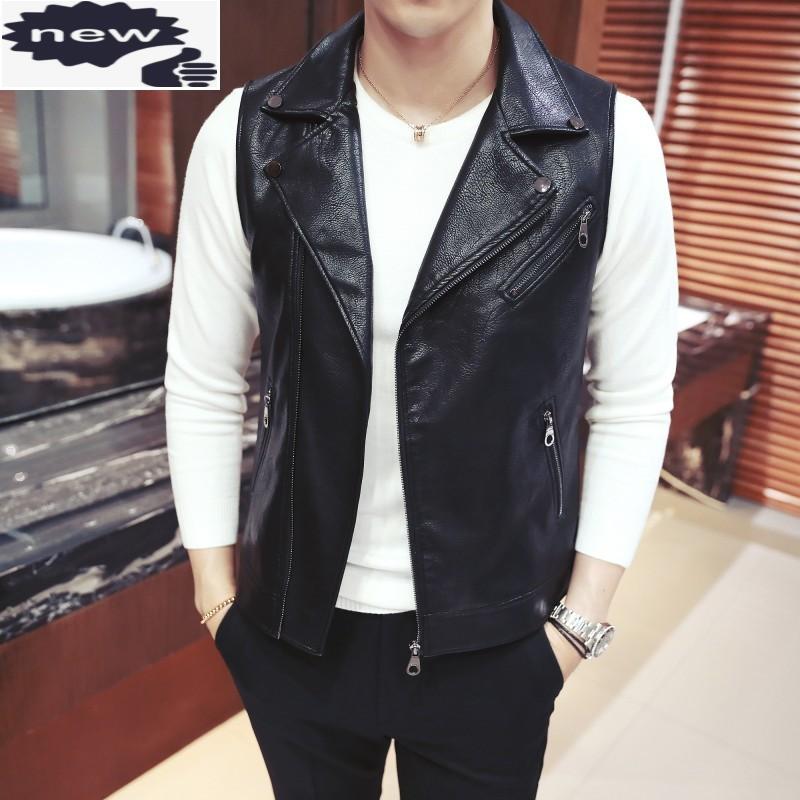 

Motorcycle Vests Mens Autumn Short Korean Slim Fit Zipper Lapel Waistcoats Fashion Nightclub Show PU Leather Sleeveless Jackets, Black