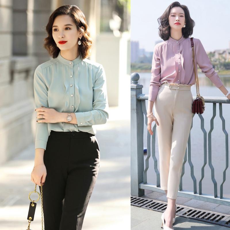 

Fashion Shirts Women Blouse and Pant Sets Pink Long Sleeve Office Ladies Tops Pantsuits Styles, Blouse only