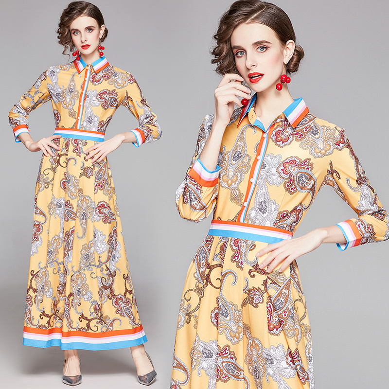 

2021 New Merchall Runway Maxi Women Luxury Pink Printed Long Sleeve Elegant Vintage Pleated Floor Length Qoft, The picture color
