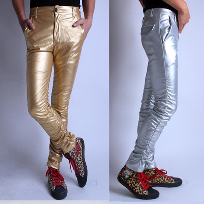 

2021 New Fashionable Autumn Men Slim Leather Runners Thin Hiphop Dance Casual Pants Silver 41lg, Silver 1