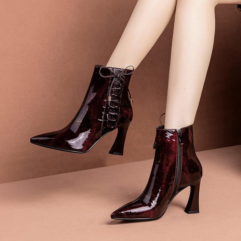 

MLJUESE 2020 women ankle boots cow leather winter short plush wine red color pointed toe spike heel high heels female boots, Black
