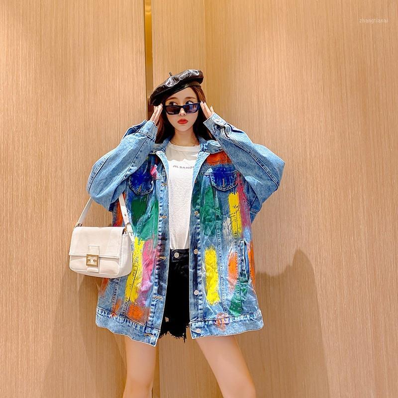 

High Quality Fashion Denim Women Jacket Spring Hand-painted Graffiti loose coat long sleeve Outerwear female jacket Streetwear1, Black