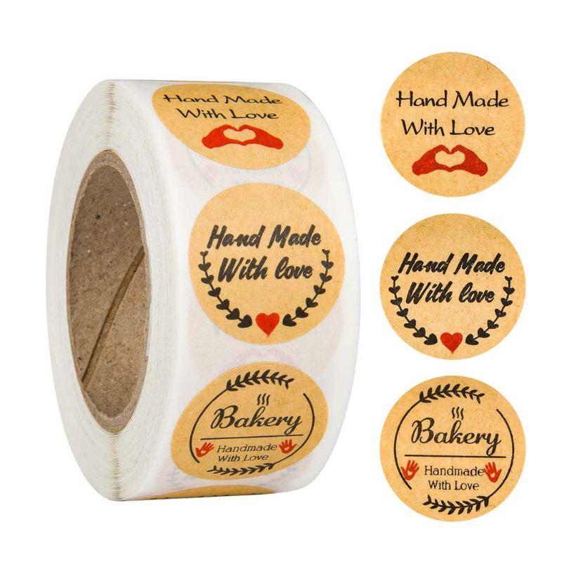 

500pcs/roll Kraft Hand Made with Love Heart Stickers Seal Labels Scrapbooking