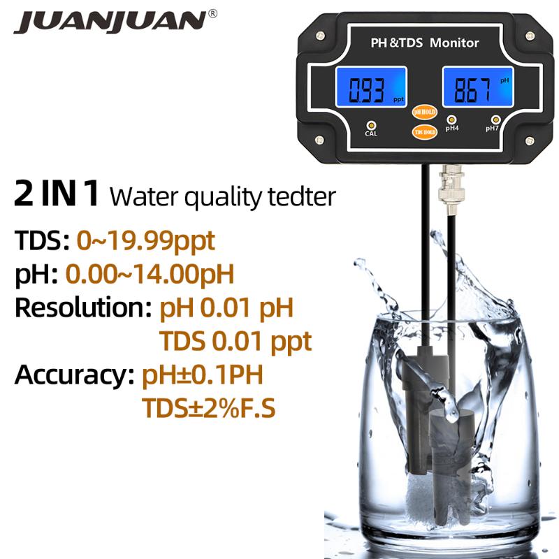 

2 in 1 Digital Water Quality Tester pH/TDS Meter Waterproof Dual Display Tester Black Plug PH/TDS-2683 30%OFF