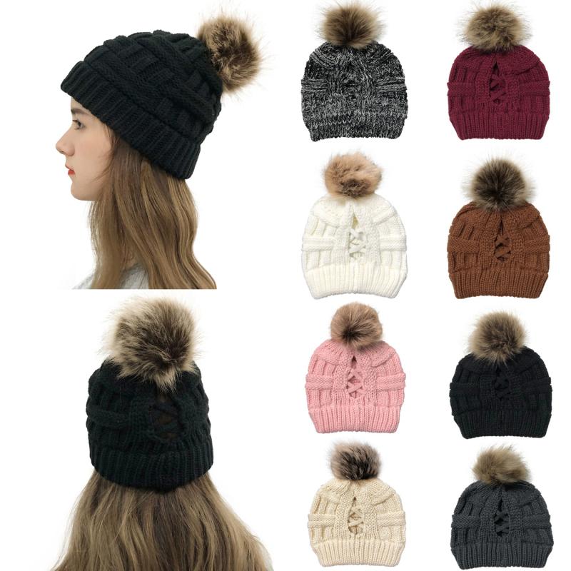 

Winter Hats For Women Pompom Beanie Horsetail Caps 2020 New Cross Criss Hat Girls Warm Knitted Thick Outdoor Ski Cap, Black