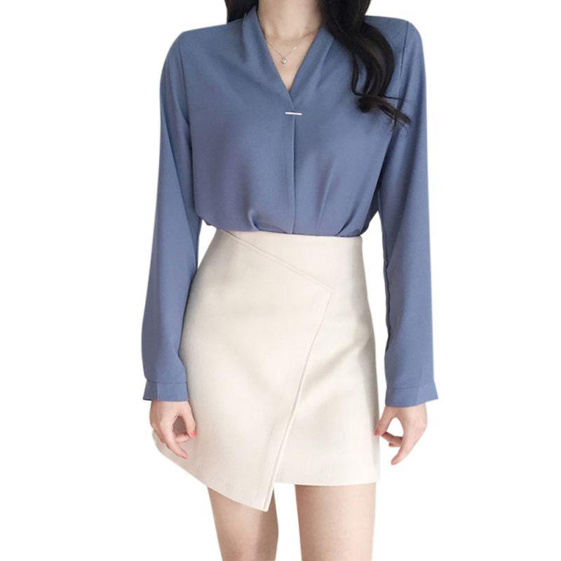 

Dropshipping Summer Blouse Tops Long Sleeve White Blue Blouse Women Chiffon Shirt Wholesale