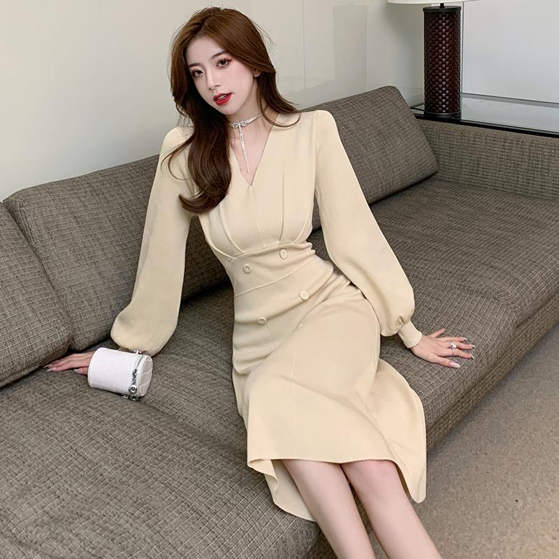 

Casual Dresses Korea Chic Autumn Slim High Waist Wrap Hip V Neck Long Sleeve Knitting Dress Women Mid Wild Solid Oversize Vestido Mujer Eleg, Black;gray