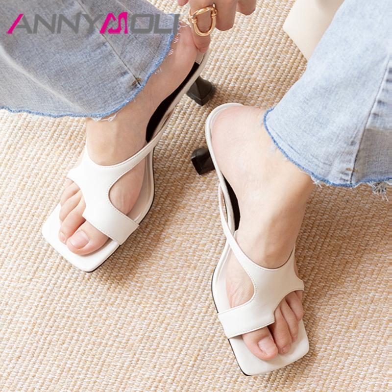 

ANNYMOLI Flip Flop Slippers Woman Real Leather High Heels Shallow Strange Style Heel Shoes Square Toe Sandals Lady Slides Green1, Light green pu
