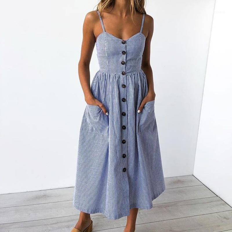 

Blue Casual Striped Print Women Dress Loose Dress Sexy Buttons Off Shoulder Sleeveless High Street Ladies Dresses Vestidos1, As pic
