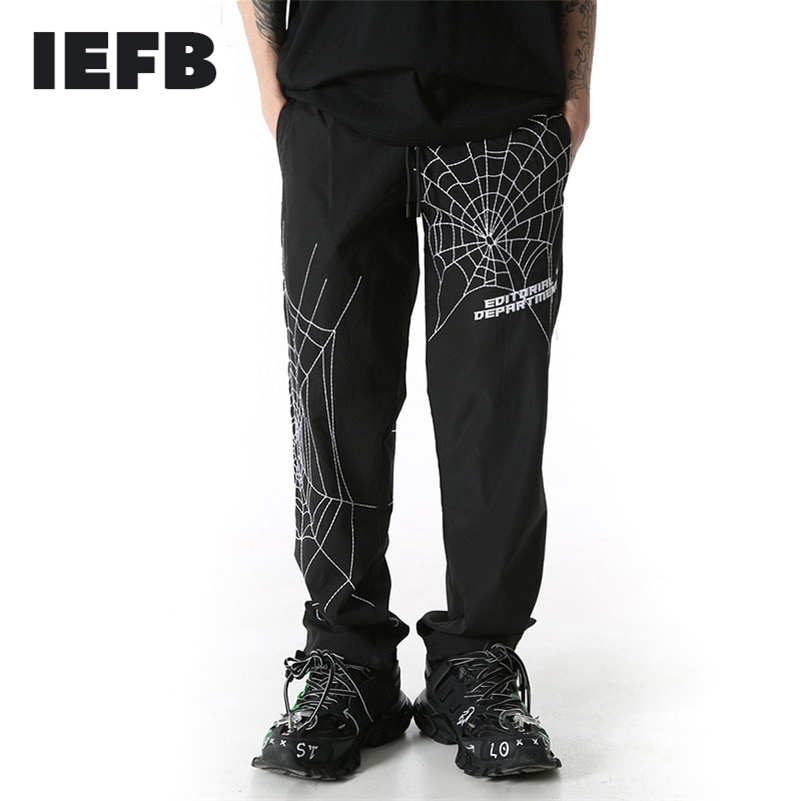 

IEFB /men's wear Hip Hop Loose Elastic Waist Pants Embroidery Ankle Pants autumn Casual Drewstring Sportwear male 9Y1729 201113, Black