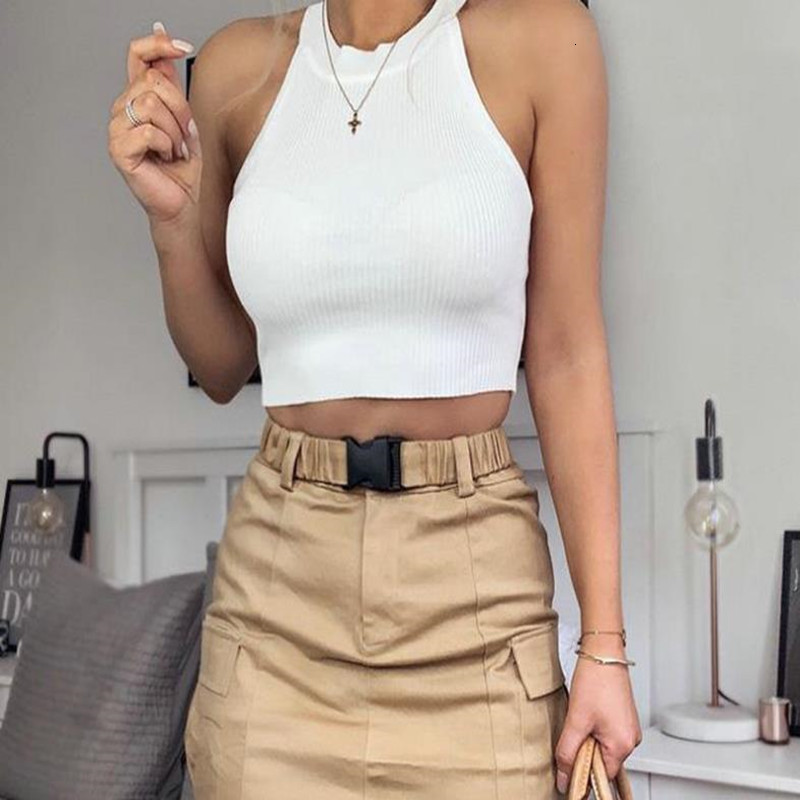 

2021 New Female I-back Top Color Off Open Navel Short Vest Adjustment J6kt, White