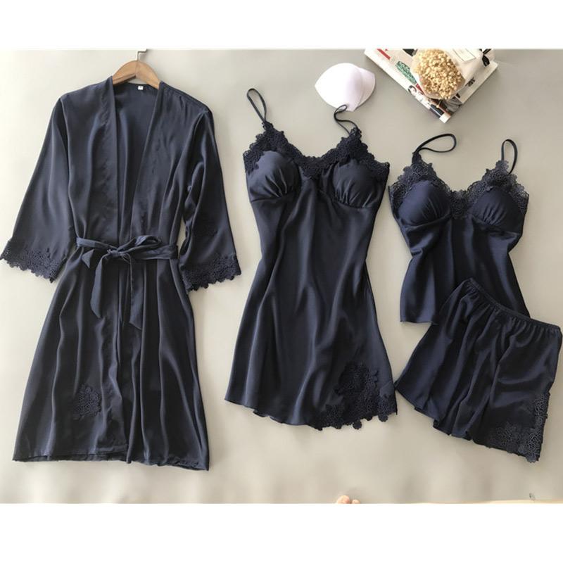 

Women Sexy Lace Sleepwear Nightdress Faux Silk Lace Pyjamas Femme Home Robe 4pcs Sleep Lounge Set Night Dress Bathrobe Nightwear, Cham 4
