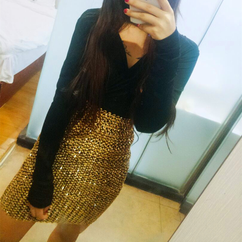 

2021 New European and American Style Sexy Club Party Wear Elasticity High Waist Skirts Womens Office Lady Mini Sequin Skirt Hkvy, Gold
