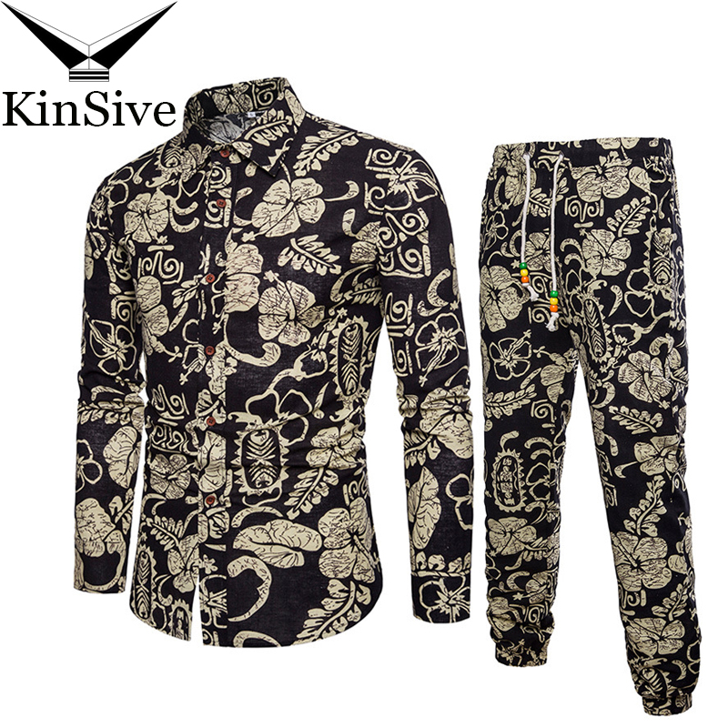 

Mens Shirts Tracksuit Pants Sets Two Piece Beach Clothes Party Shirts Suit 2018 Men Streetwear Fashion Flower Printed Sweat Pant, F6