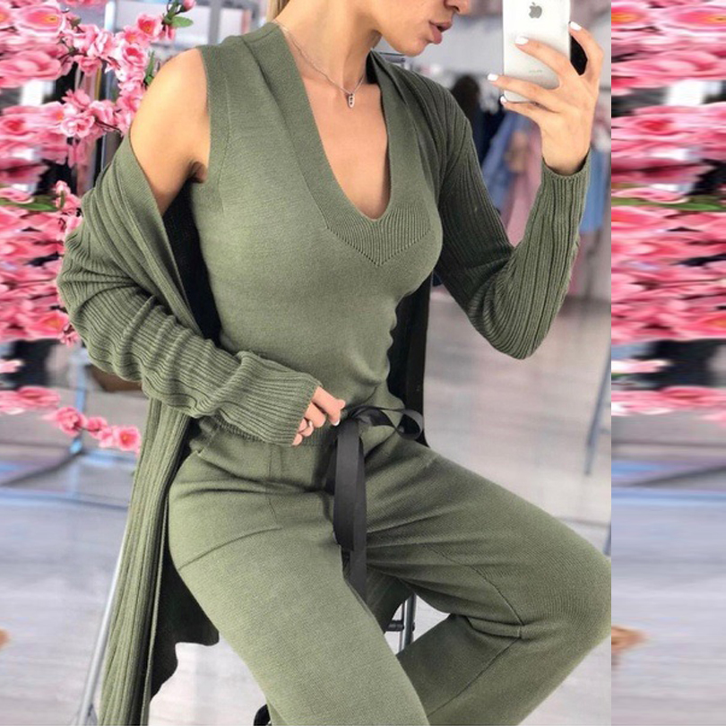 TYHRU Autumn Women's Knit Costume Solid Color Sweater Cardigan and Vest and Drawstring Ankle-length Pants Three Piece Set 201119Z