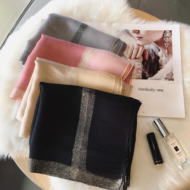 

New 2020 Silk wool Scarf Women Spring and Summer Water Ripple Gold Line Solid long Scarf Female Shawl hair hijab