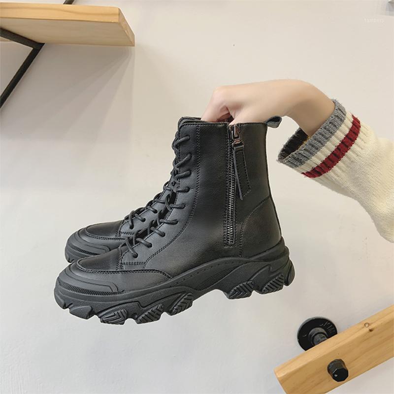 

Women's Genuine Leather Ankle Boots Women Autumn Winter Cross Strappy Vintage Women Punk Boots Flat Ladies Shoes Woman Zip Botas1, Black