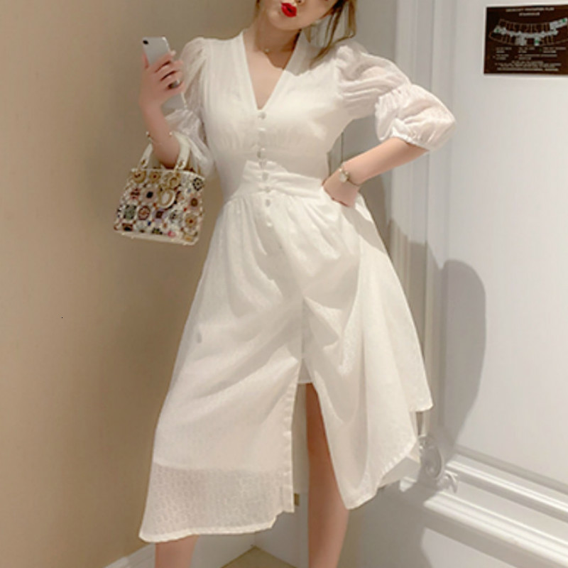 

Elegant White Ladies'dress Party Divided Fairy Office Lady Puff Korean Designer Dress Female Autumn 2021 D5sy