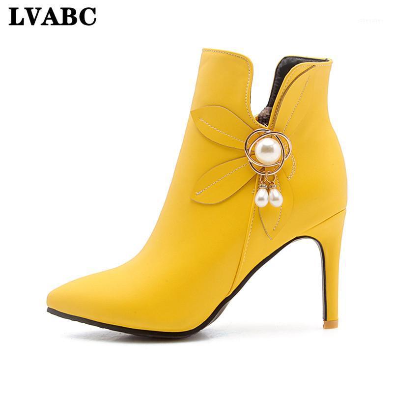 

LVABC Shoes Women Boots High Heel Ankle Boots Flower Pointed Toe Stiletto Short Zip Female Footwear White Yellow black 411